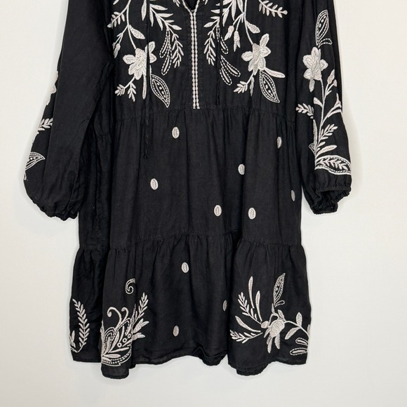 Johnny Was Black Linen Embroidered Frankie Tiered Field Dress Bird Boho Large - Picture 7 of 15